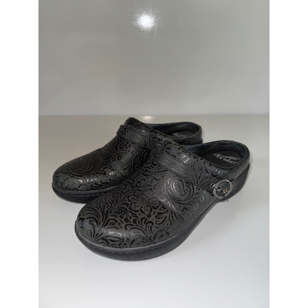 Dansko Black Embossed Floral Paisley Leather Clogs Mules Buckle 39 7402360200